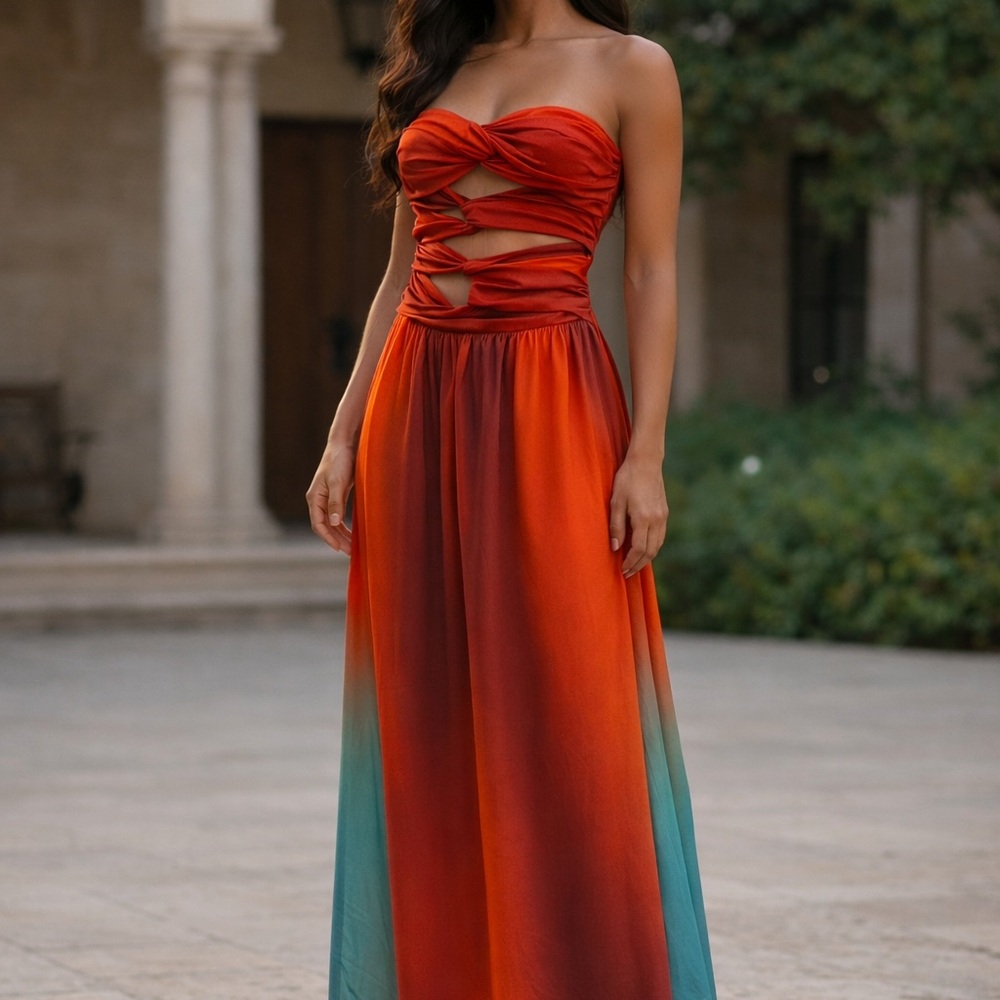 Strapless Orange Ombre Maxi Dress